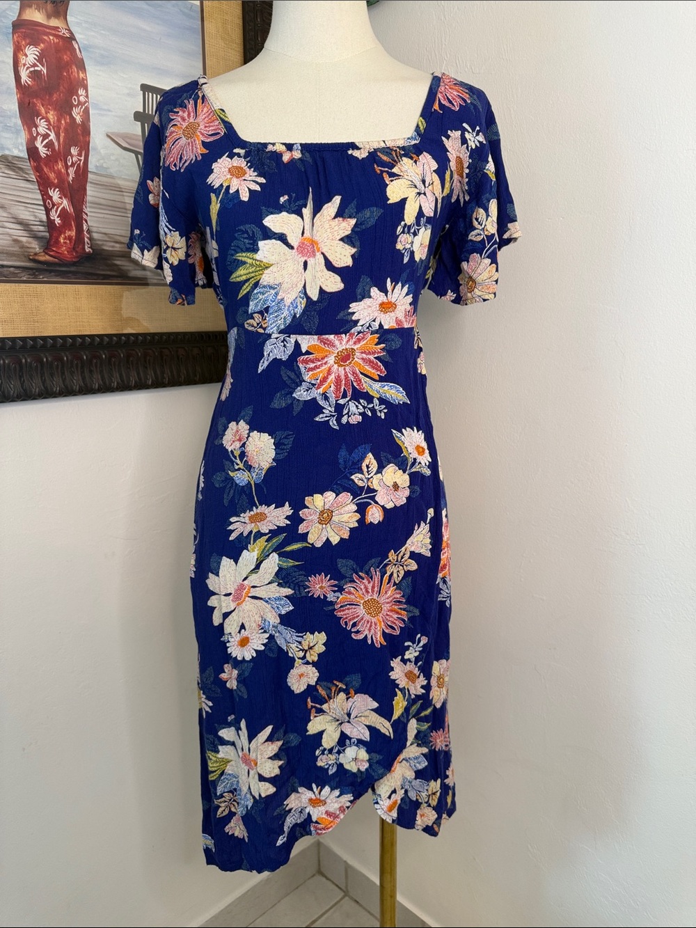 O’Neill Blue Floral Midi Dress Women’s Large Square Neck Tie Back